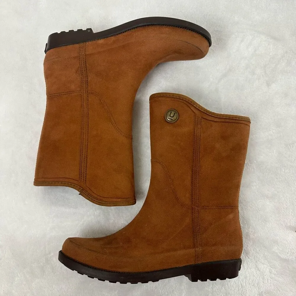 Ulan Women's 8 Fabric Touch Rain Boots Brown Mid Calf‎ Chunky Lug Sole Outdoor